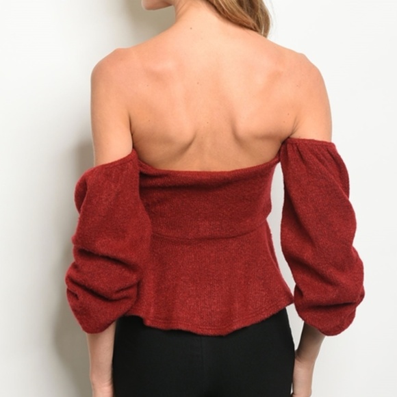 NWT Wine Puff Sleeve Off Shoulder Sweater Top - Picture 3 of 4